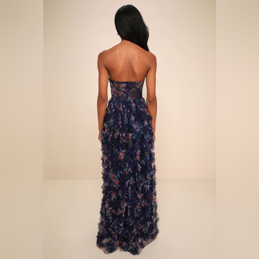 Lulus Stunning Element Navy Floral Mesh Ruffled Strapless Maxi Dress - Picture 5 of 13